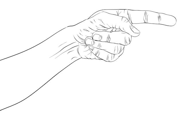 Finger pointing hand, detailed black and white lines vector illustration, hand sign, hand drawn.