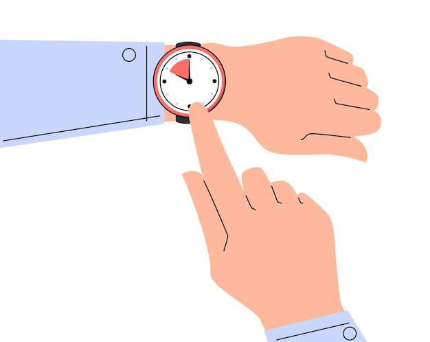 Vector finger pointing at watch on the hand vector isolated. time is ticking, concept of deadline and time management. checking time.