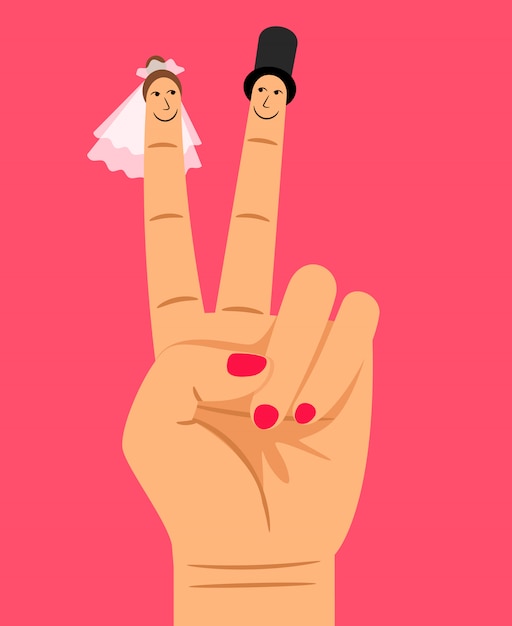 Finger puppets of bride and groom on woman hand