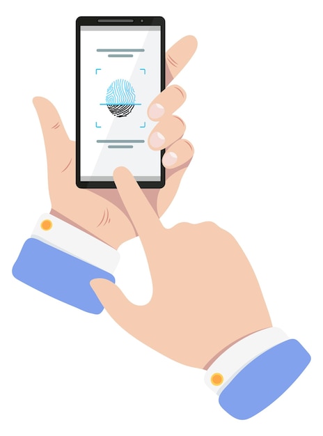 Finger scan app on phone screen in human hands
