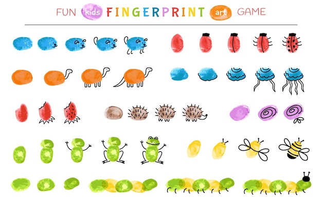 Fingerprint animal game Step by step baby painting animals with fingers Learning drawing nursery activities in school or kindergarten vector template Illustration of play and education childish