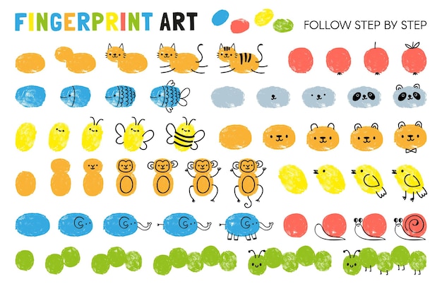 Fingerprint art steps. Worksheet for kid learning to draw animals. Paint with finger print kindergarten activity. Game for child vector page. Drawing cat and apple, fish and bee, panda, monkey