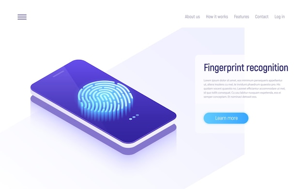 Fingerprint recognition, data protection, secure access, user identification isometric concept.