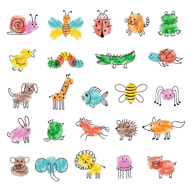 Fingerprints for kids Game preschool education art with funny insects drawing paintings steps recent vector finger art templates collection