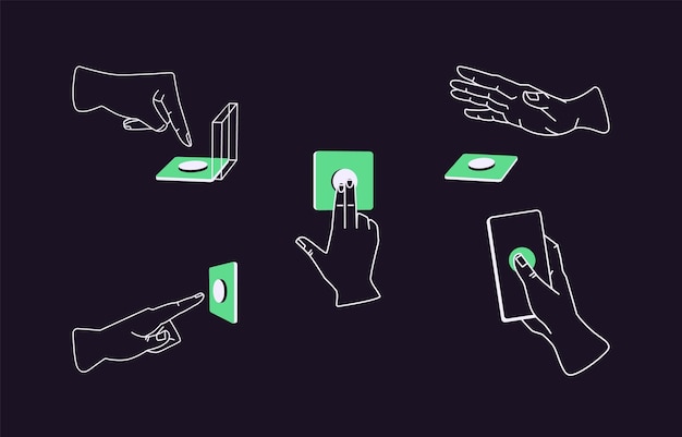 Fingers pressing push and screen buttons Set of human hands touching hitting and tapping for switching off stopping or activating and launching smth Isolated colored flat vector illustrations