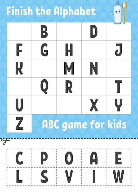 Finish the alphabet ABC game for kids Cut and glue Education developing worksheet Learning game for kids