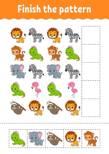 Finish the pattern Cut and play Education developing worksheet Activity page cartoon character