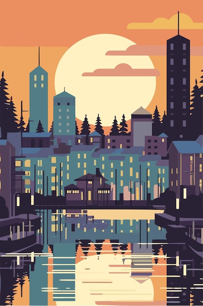 Finland city landscape in the evening Vector flat illustration