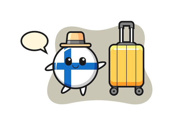 Finland flag badge cartoon illustration with luggage on vacation