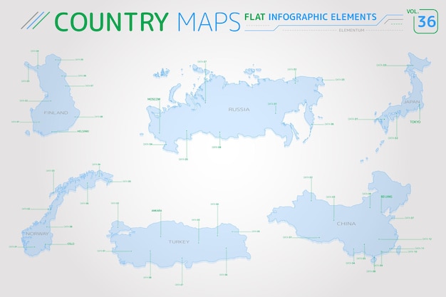 Finland russia turkey norway china and japan vector maps