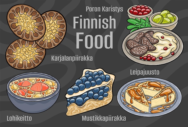 Finnish food A set of classic dishes Cartoon hand drawn illustration