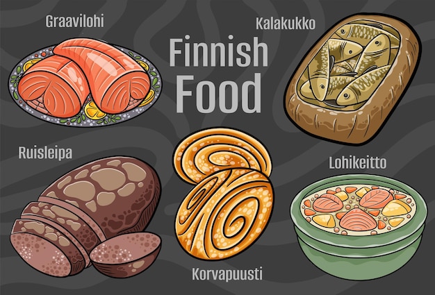 Finnish food A set of classic dishes Cartoon hand drawn illustration