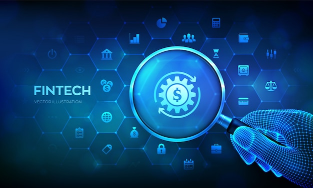 Vector fintech. financial technology concept with magnifying glass in wireframe hand and icons.