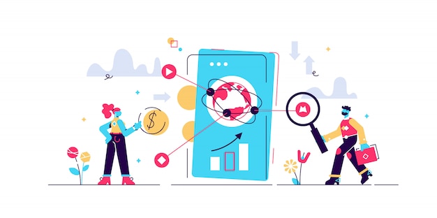 Fintech  illustration.  tiny financial technology person concept. Cyberspace banking method with smartphones for mobile banking, investing services and cryptocurrency. Economy money transfer