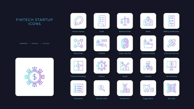 Fintech startup icons with blue gradient outline style