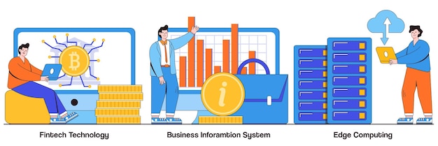 FinTech technology, business information system, edge computing concept with tiny people. IT infrastructure and technology integration vector illustration set. Payment processing, network metaphor.