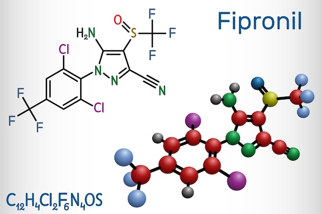 Vector fipronil broadspectrum insecticide molecule structural chemical formula and molecule model