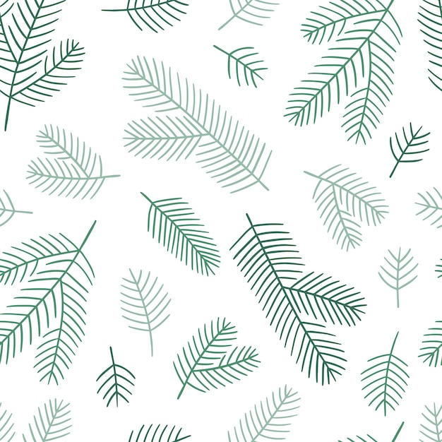 Fir branches seamless pattern. Illustration of green shades. White background.