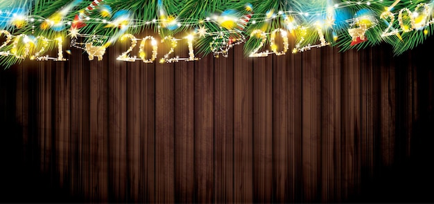 Fir Branches with Neon Lights and 2021 Text Christmas Decoration with Colorful Twinkles