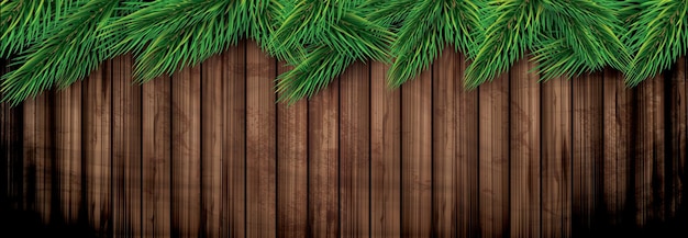 Fir Branches on Wooden Background Pine Sprigs on Above Christmas and New Year Decoration