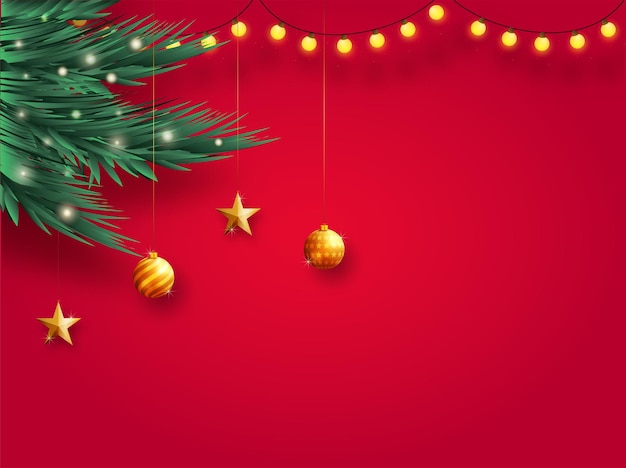 Fir Leaves With Golden Baubles Stars Lighting Garland Decorated On Red Background and Space for your Message Merry Christmas Concept