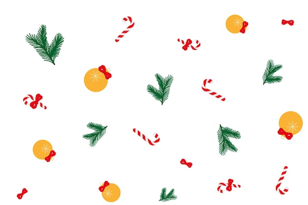 Fir sprig, Christmas candy and Christmas ball in a seamless vector background isolated on white.