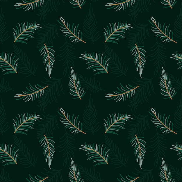 Fir spruce branch pattern evergreen christmas tree flat Dark background green floral ornament infinite print textile paper gift wrap wallpaper element needlework winter seasonal design minimalism