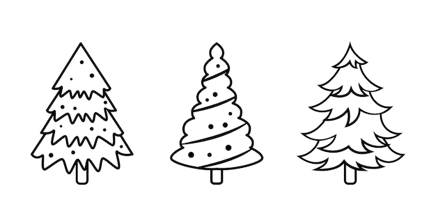 Fir tree black line icon set Pine illustration