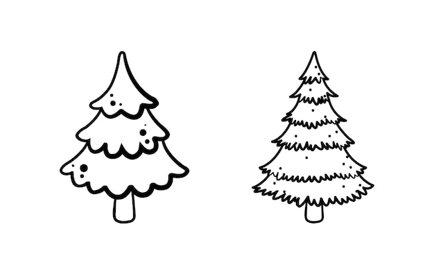 Fir tree black line icon set Pine sketch illustration