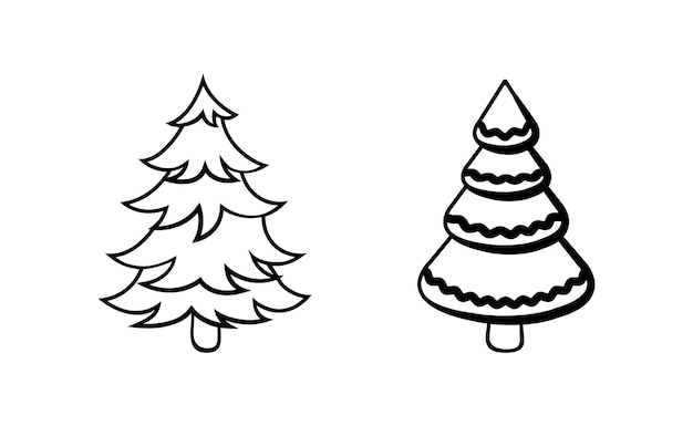 Fir tree black line icon set Pine sketch illustration