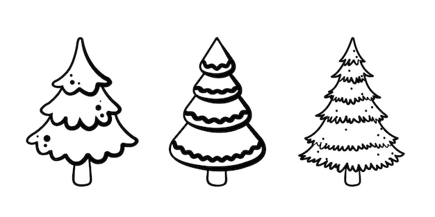 Fir tree black line icon set Pine sketch illustration