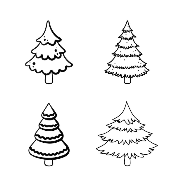 Fir tree black line icon set Pine sketch illustration