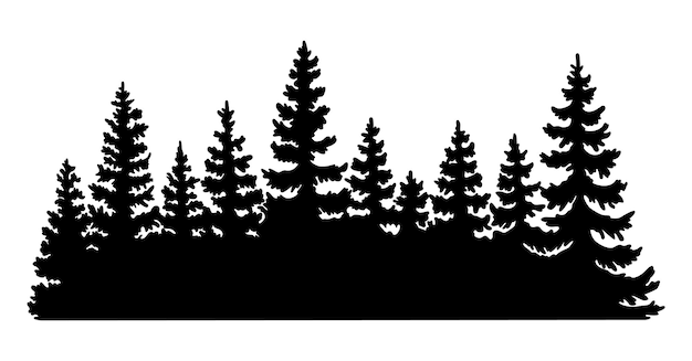 Fir trees silhouette. Coniferous spruce horizontal background pattern, black evergreen woods vector illustration. Beautiful hand drawn panorama with treetops forest