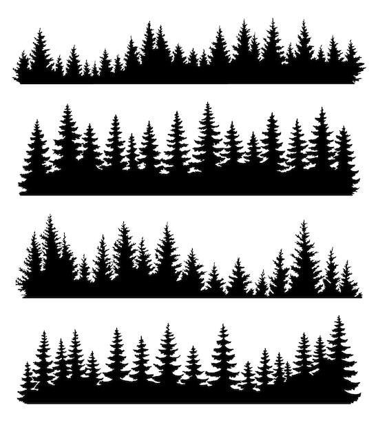 Fir trees silhouettes set Coniferous or spruce forest horizontal background patterns black pine woods vector illustration Beautiful hand drawn coniferous panoramas