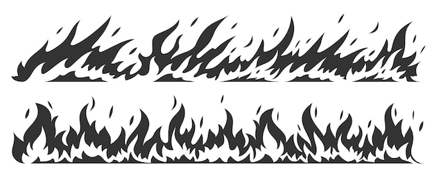 Fire bonfire border flames black silhouette set. Stamp flame energy fiery explosion hot outline warning symbols. Collection sign icon danger ignition object forest fires flammable isolated on white