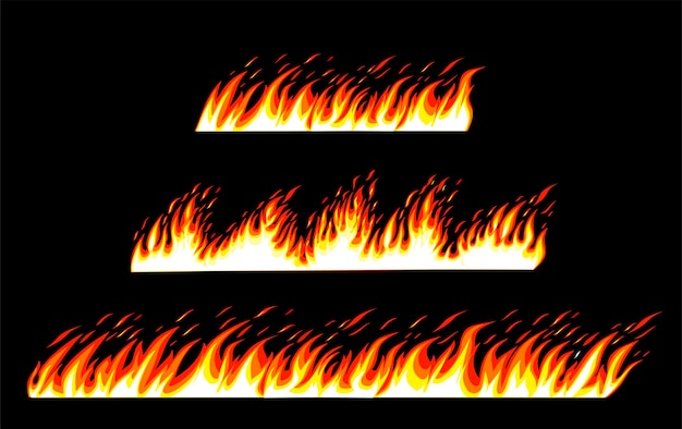 Fire borders on a black background Cartoon flame banner border elements orange burn bounds blazing line vector images isolated Fire horizontal format