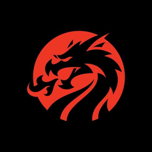 Fire breathing dragon silhouette on dark background. Dragon mascot logo design