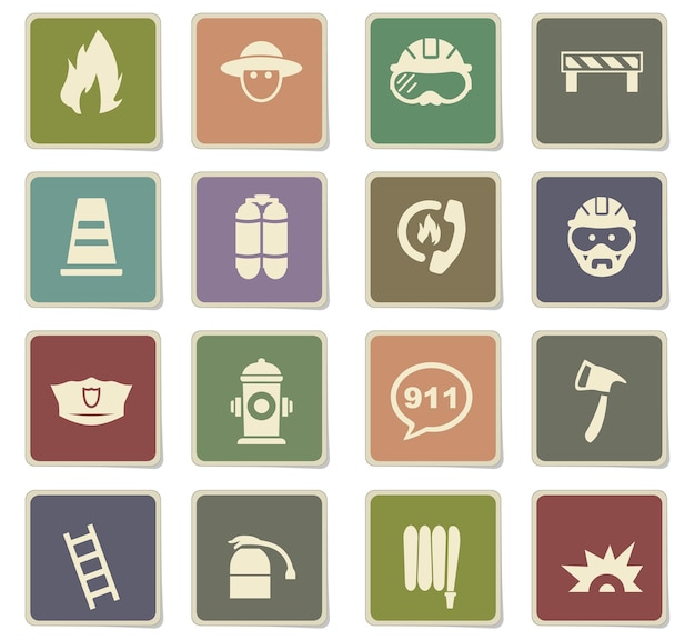 Fire brigade icons on square paper stickers with shadow