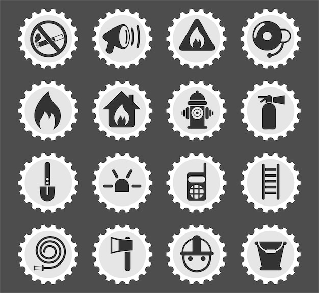 Fire brigade symbols on a round postage stamp stylized icons