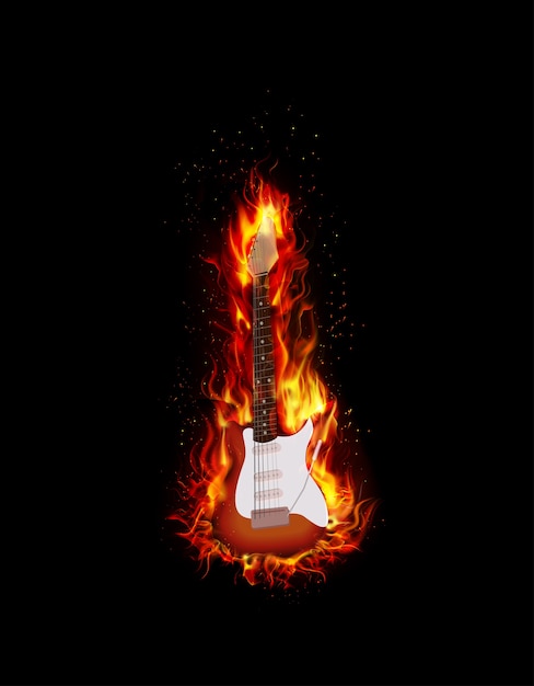 Fire burning guitar black background