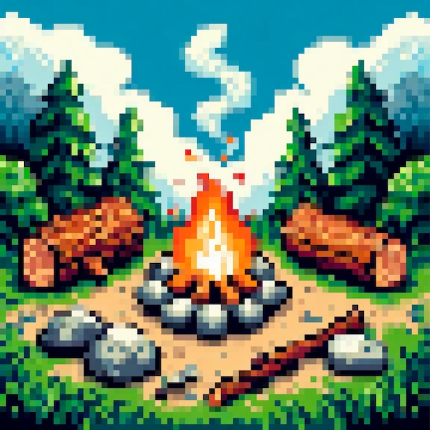 Fire camp pixel art 8 bit illustration