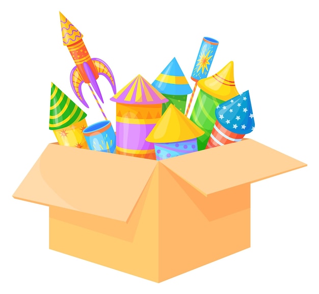 Fire crackers in cardboard box Cartoon fireworks icon