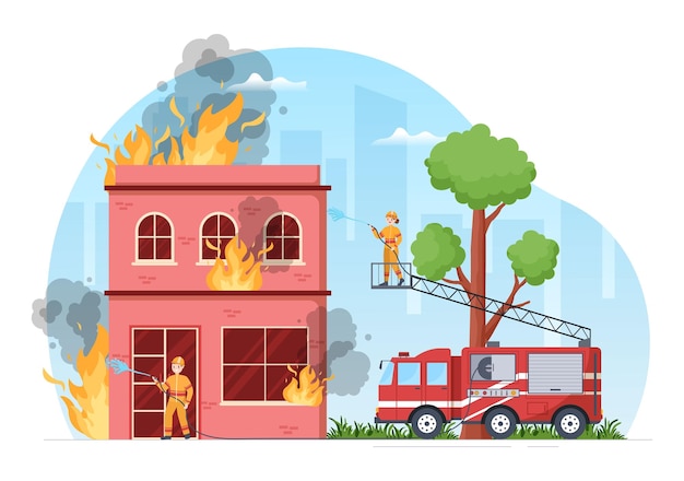 Fire Department with Firefighters Extinguishing House in Various Situations in Illustration