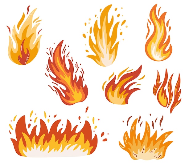 Fire Fiery flame bright fireball Flames of different shapes Vector