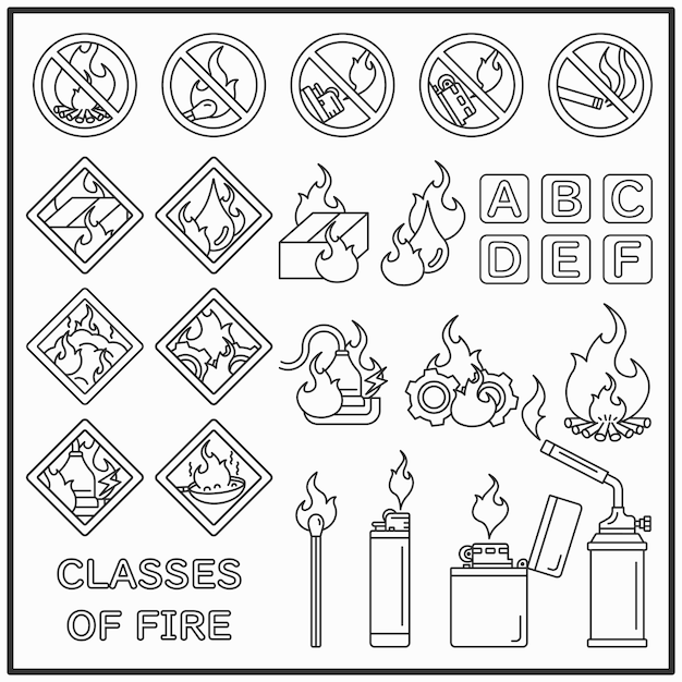 fire and fire warning line icons set