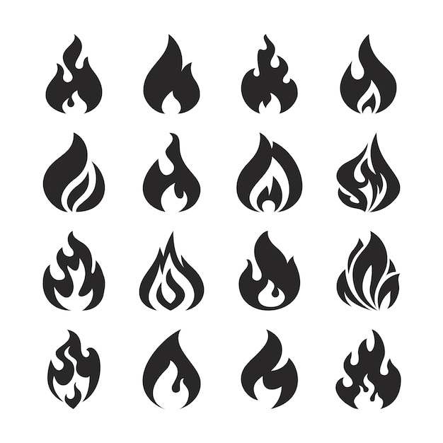 Fire flame and bonfire silhouette icons set