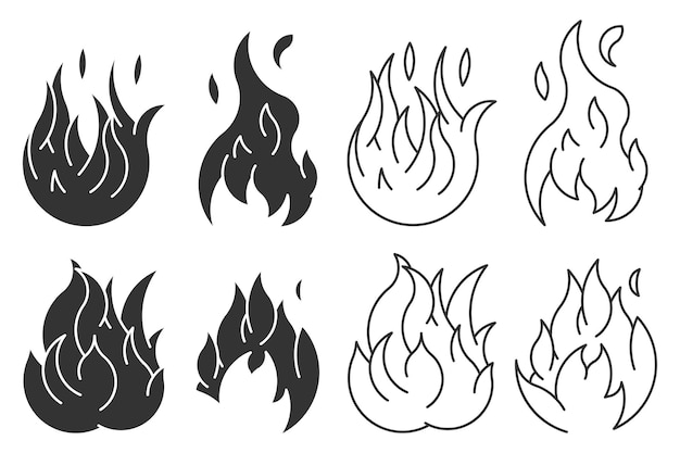 Vector fire flame shapes black silhouettes vector set isolated on a white background