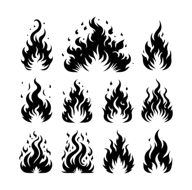 Vector fire flame silhouette icon set vector