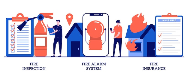 Fire inspection, fire alarm system, fire insurance concept with tiny people