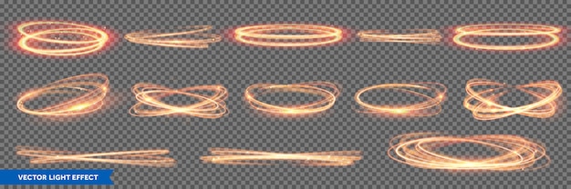 Fire light circles and ring trails, sparkling gold glitter glow flare effect. Abstract fire circles, sparkling magic swirls and energy light spiral spin twirls